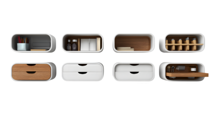 Organize your space with stylish modern storage solutions, featuring sleek drawers and compartments for essentials and decor.