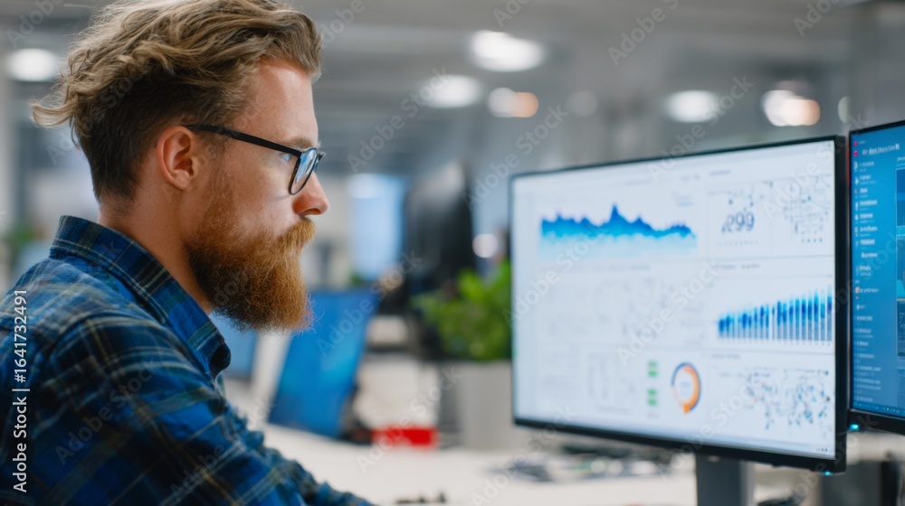 Poster Engineer Using AI Technology to Optimize Solar Energy Solutions in Modern Office Workspace