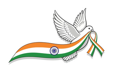 A peace dove flying with the Indian national flag ribbon. A vector illustration symbolizing peace, freedom, and patriotism for India.