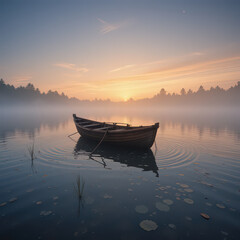 A wooden rowboat on a misty lake at sunrise with trees in the background