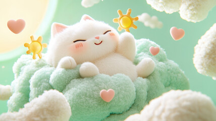 A cheerful cat with closed eyes and an open smile, floating on a fluffy mint cloud surrounded by emoji clouds of hearts and sunshine