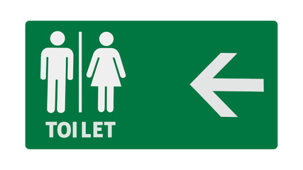 Green public toilet directional sign with male and female icons and a left arrow, indicating the way to the restroom.