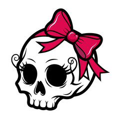 A cute cartoon skull with a feminine pink bow and pretty eyelashes, a girly gothic icon for fashion, Wq.ai design.