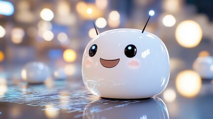 A cheerful AI assistant character shaped like a capsule with animated LED eyes floats above a glass surface with reflected code snippets