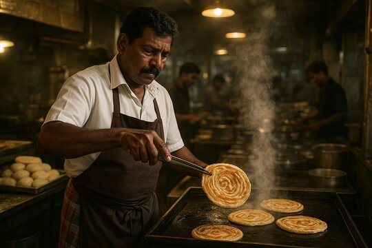  Authentic South Indian chef cooking parotta on hot tawa in busy traditional restaurant kitchen with steam and warm lighting