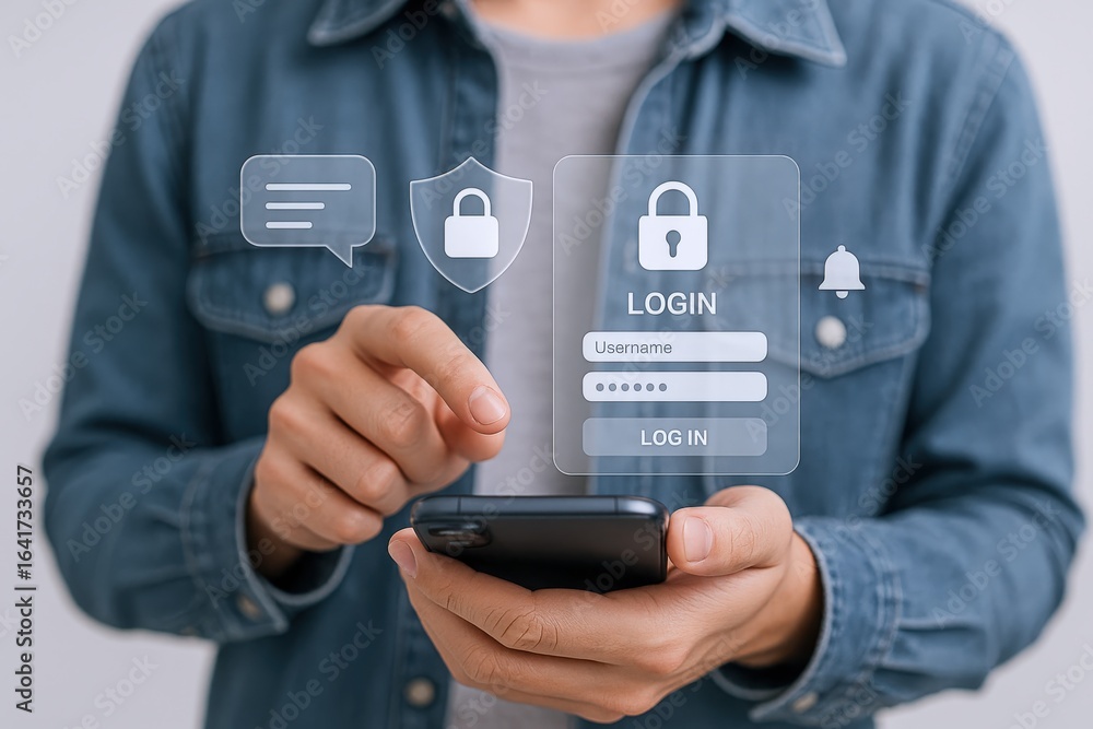 Poster Man using smartphone with login interface and digital security features for data protection and privacy