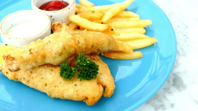 A serving of fish and chips with tartar sauce and ketchup on a blue plate