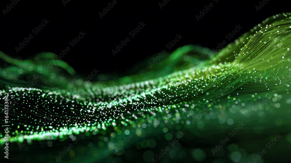Poster abstract animated art of green energy waves with glowing particles in an endless loop