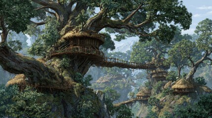 Enchanting Ancient Tree City with Giant Branches and Elevated huts Nestled in Lush Greenery