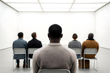 Fototapeta premium Back view of a depressed Black male drinker sitting in a therapy session, rear view