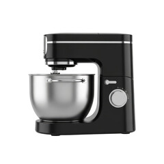 Illustration of black stand mixer with stainless steel bowl isolated on transparent background