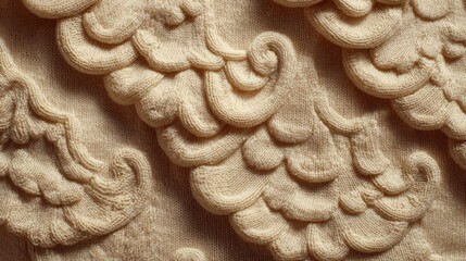 Close-up of ornate, sculpted fabric.  Beige, textured, decorative elements create a repeating pattern of stylized floral or feather shapes