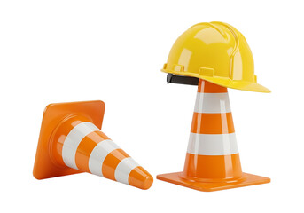 Two orange and white striped traffic cones with a yellow hard hat on one, isolated on transparent background