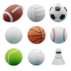Collection of various sports balls including soccer, basketball, baseball, tennis, golf, volleyball, football, and badminton shuttlecock, isolated on transparent background