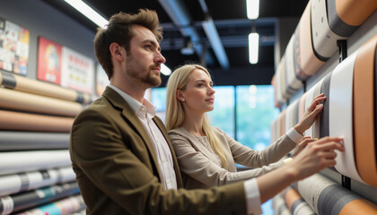 Young couple selecting wallpaper in home improvement store  