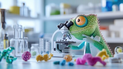 Chameleon in a lab coat adjusting microscope lenses near glowing bacteria samples in a scientific setting