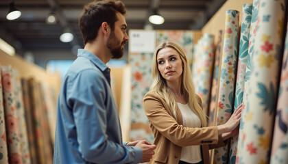 Young couple discussing fabric patterns in home decor store  