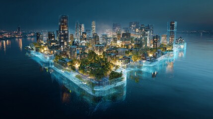 Naklejka premium Digital Twin Visualization of an Eco City on a Floating Architecture Platform in a Futuristic Urban Landscape