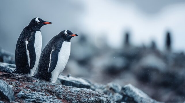 The serene moment of two penguins on a rocky coastline in Antarctica. - Powered by Adobe