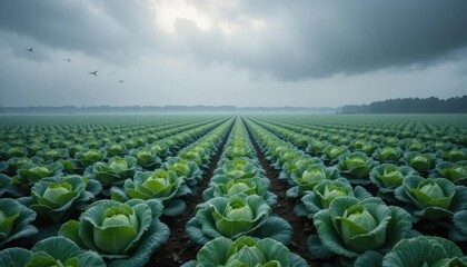 Fototapeta premium Vast fields of cabbage grow luxuriantly in spring, showcasing rows of green vegetables under the vast blue sky, embodying rural farming.