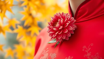 A chrysanthemum flower pinned to a ruby red cheongsam collar, with golden maple leaves in soft focus for China National Day.