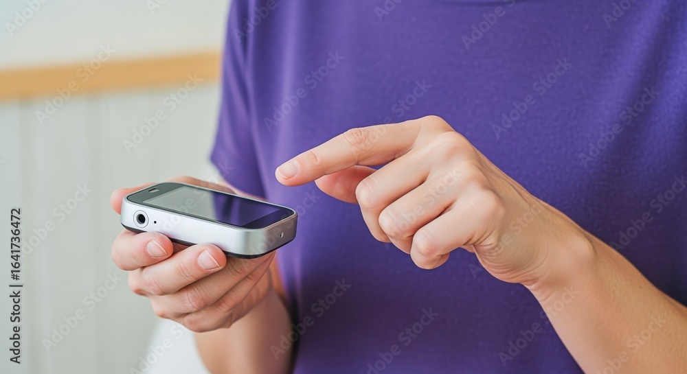 Poster person using a modern portable media player, navigating the interface with a single finger