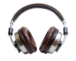 Brown leather and silver overear headphones isolated on transparent background
