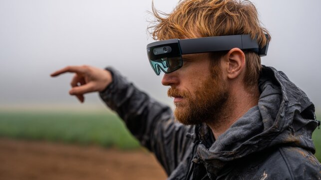 Farmers Utilizing Augmented Reality Glasses for Crop Monitoring and Precision Agriculture in a Foggy Field Setting - Powered by Adobe