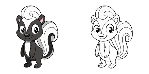Skunky Puff the skunk standing with tail raised in a swirl and a cheeky smile