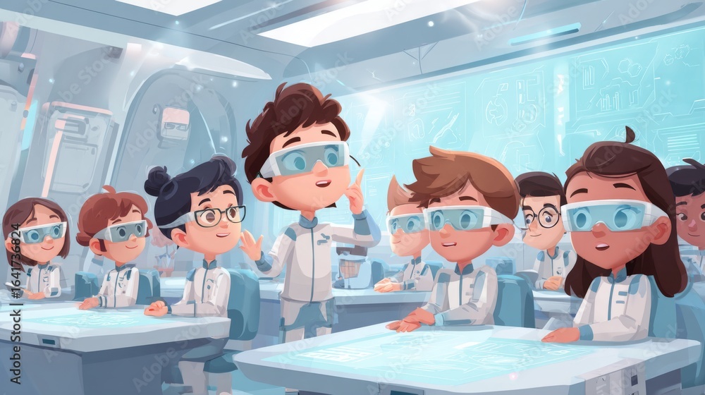 Poster futuristic classroom setting with ai tutors engaging students in a high-tech learning environment