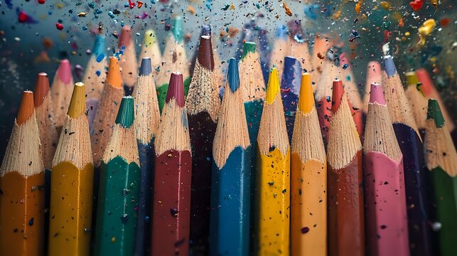 Vibrant colored pencils arranged in row with colorful paint splatter and bokeh effect overlay creating artistic composition for creative and educational concepts.
