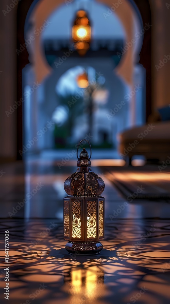 Aufkleber Traditional oriental lantern casting intricate shadow patterns on floor at dusk, with illuminated archway in background creating atmospheric Ramadan ambiance.