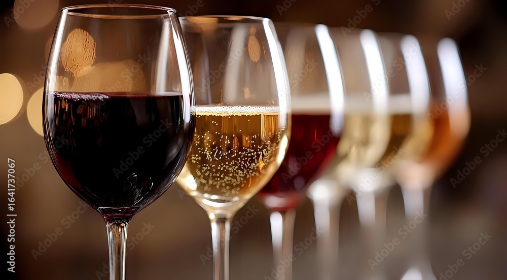 Aufkleber wine glasses in row filled with different varieties from red to white, with soft bokeh background li