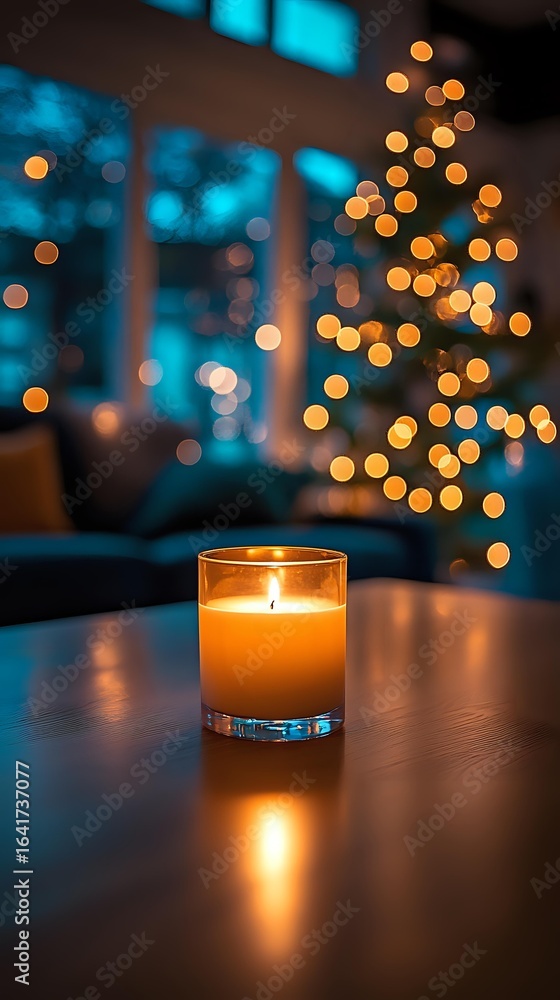 Aufkleber glowing candle on wooden table with defocused christmas tree lights creating magical bokeh effect in