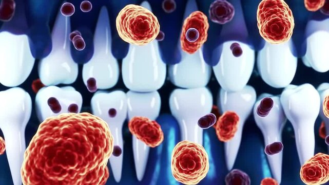 Animated visualization of bacteria causing tooth decay and cavities. A microscopic look at dental health and oral hygiene issues.