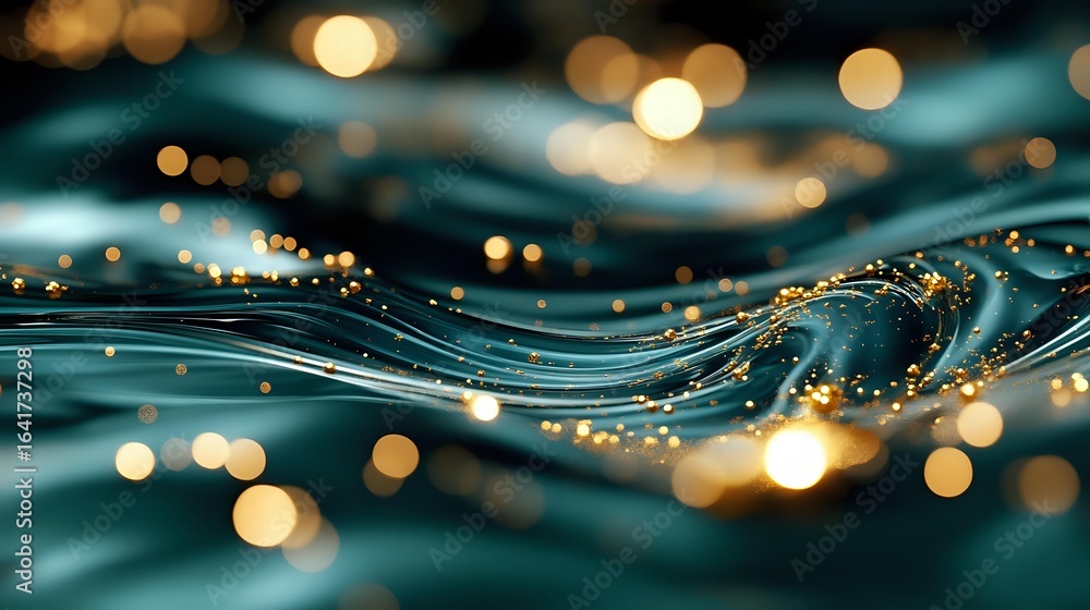 Poster luminous golden bokeh lights dancing on dark turquoise waves create magical water surface with glowi