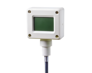 Small white electronic sensor device with a green digital display, isolated on transparent background