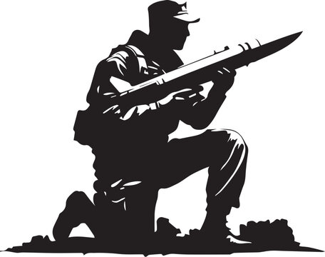 Silhouette of a soldier kneeling with a missile launcher, ready for a combat mission.