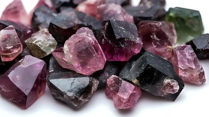 Raw tourmaline crystals in pink, green and black colors on white background, natural mineral stones with rough surface texture and translucent appearance.