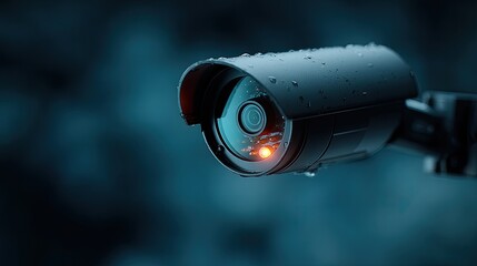 Close-up of a security camera with water droplets. Dark, moody background