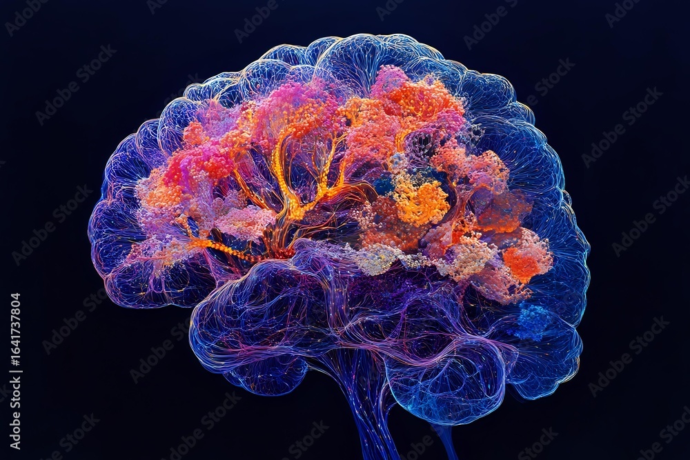 Poster glowing neural network visualization shows brain activity with vibrant orange and pink highlights ag