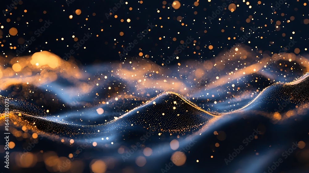 Poster glowing waves of light with orange and blue particles floating in dark space create mesmerizing abst