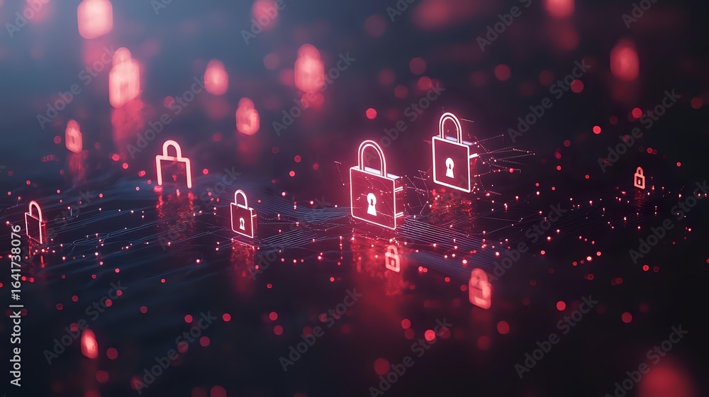 Poster glowing red padlock icons floating in digital network space with particles and bokeh effects, repres