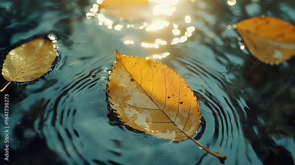 Poster golden autumn leaves float on rippling water surface with sunlight creating magical bokeh effect and