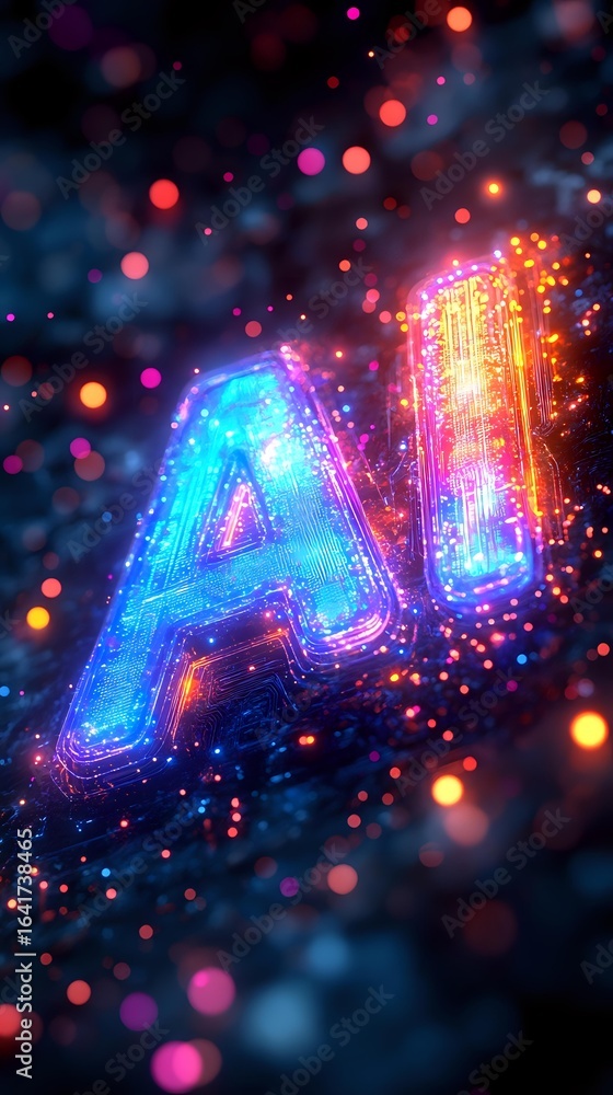 Poster glowing ai letters with circuit pattern design in vibrant neon blue and orange colors against dark b