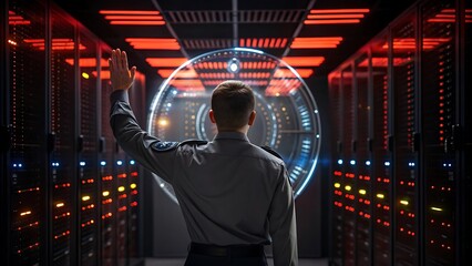 Security Guard in a High Tech Server Room Controlling Data Flow and Access Analyzing Complex Systems and Networks Protecting Digital Infrastructure