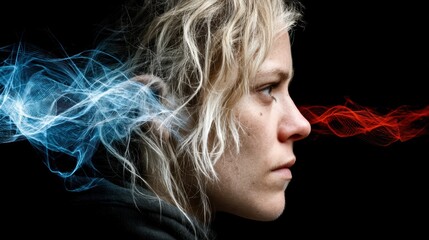 Surreal Portrait: Woman's Profile with Abstract Blue and Red Smoke Trails