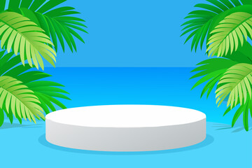White podium with palm leaves background