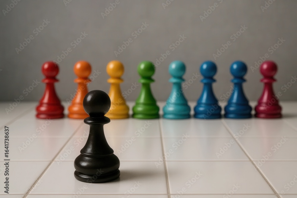 Aufkleber a solitary black pawn stands out against a vibrant array of colorful chess pieces on a pristine whit