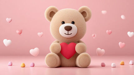 Obraz premium Teddy bear red heart pink background cute plush love sweet romantic soft adorable Valentine